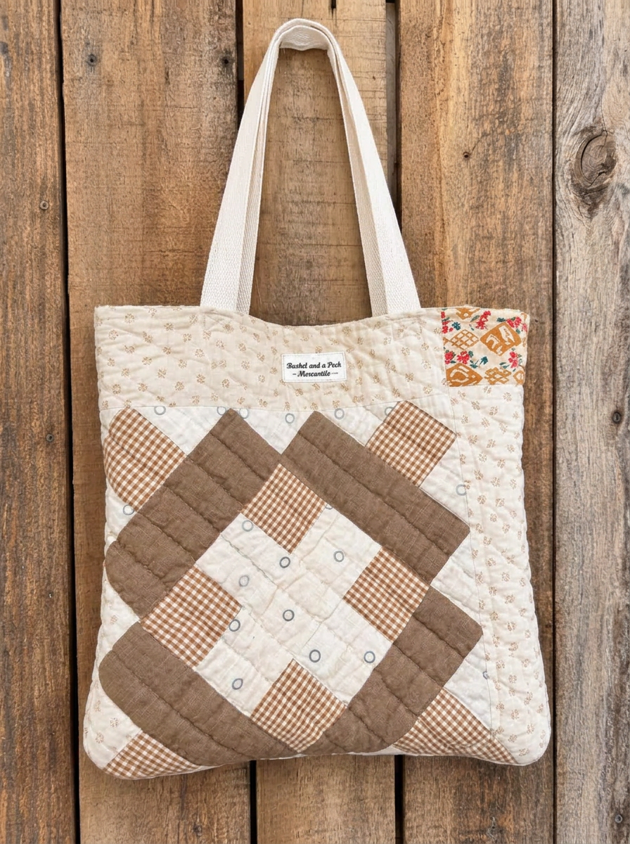 Quilted tote bag made from a vintage patchwork quilt in cream and brown gingham, hanging on a rustic wooden wall